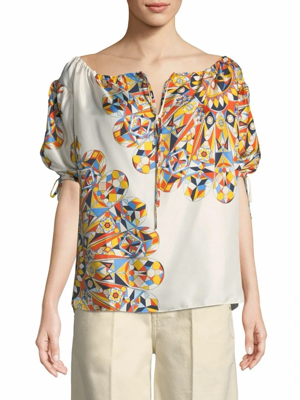 Tory Burch Alyssa top in a multicolor geometric silk print size 2